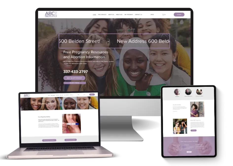 ABC Pregnancy resource center website shown on desktop, laptop, and tablet