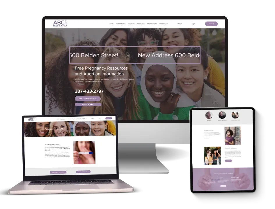 ABC Pregnancy resource center website shown on desktop, laptop, and tablet
